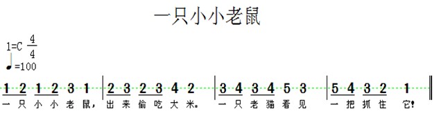 游戏目标: 1、发展思维的灵敏性。 2、熟悉歌曲旋律,大胆地做出小老鼠偷吃大米的模样。 游戏准备: 1、老猫的头饰、小老鼠的胸饰若干。 2、音乐磁带。 游戏规则: 幼儿扮演小老鼠,教师扮演老猫。音乐开始,小小老鼠作偷吃大米状,当唱到"一只老猫看见"时,老猫出来抓小小老鼠,小小老鼠要赶紧逃回家(椅子)。 简谱: